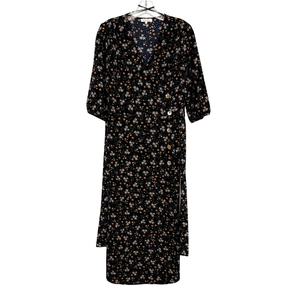 Crescent Navy Blue Flower Print Wrap Maxi Dress Mother of Pearl Buttons Size L